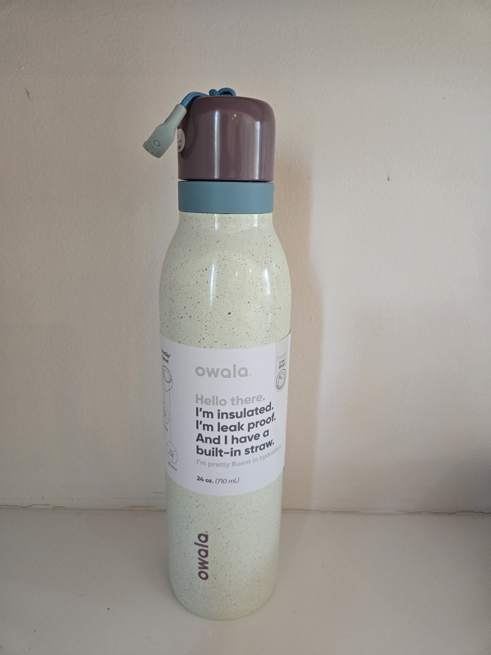 Owala 24 oz Insulated Water Bottle in Speckled Cream with Lavender Top
